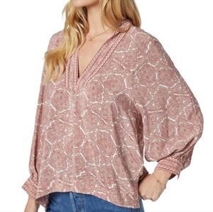 JOIE Perci Long-Sleeve Paisley Silk V-Neck Top Size M